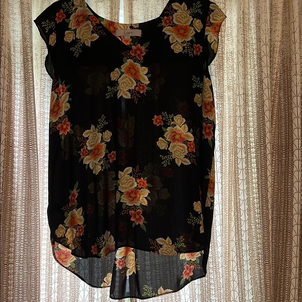 LOFT Black Asymmetrical Blouse with Pink Accents